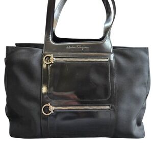 Salvatore Ferragamo Black Nylon Leather Gancini Tote Bag Italy